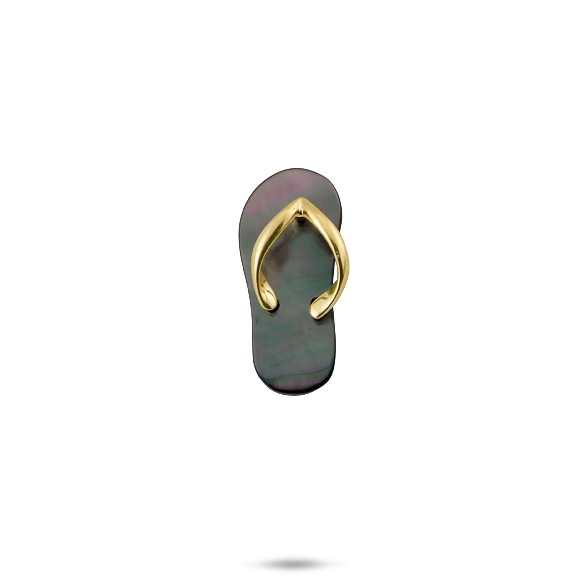 20mm Black Mother of Pearl Slipper Pendant with 14k Yellow Gold Straps on White Background