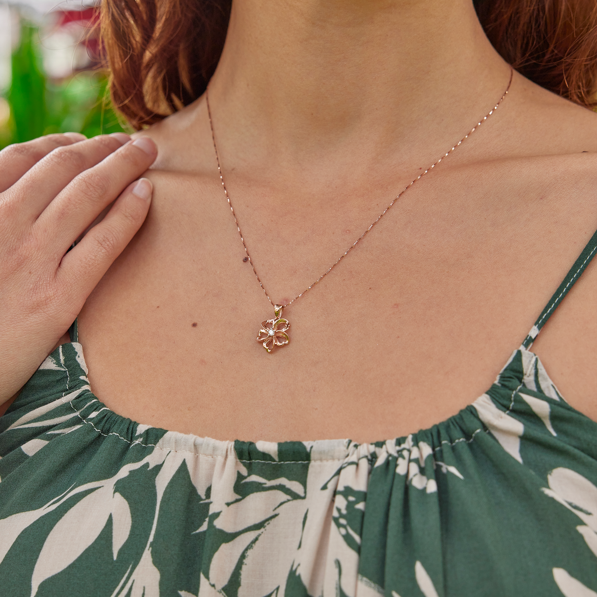 18" Plumeria Pendant / Necklace in Rose Gold with Diamond - 14mm