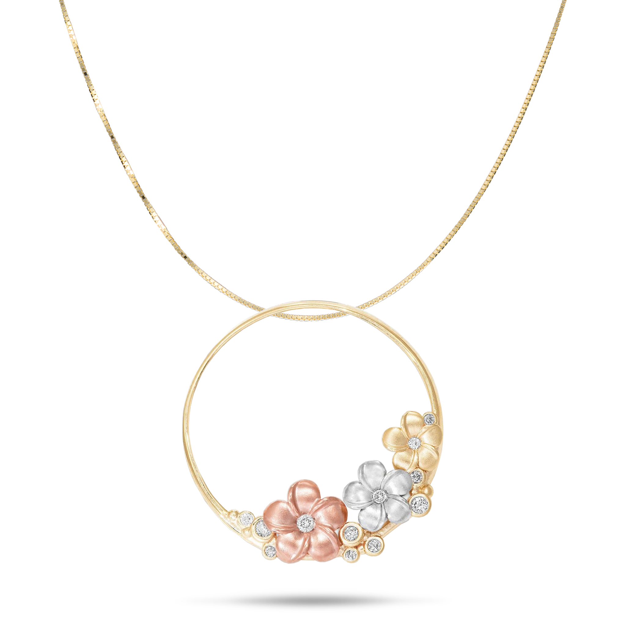Plumeria Necklace in Tri Color Gold with Diamonds - 22mm