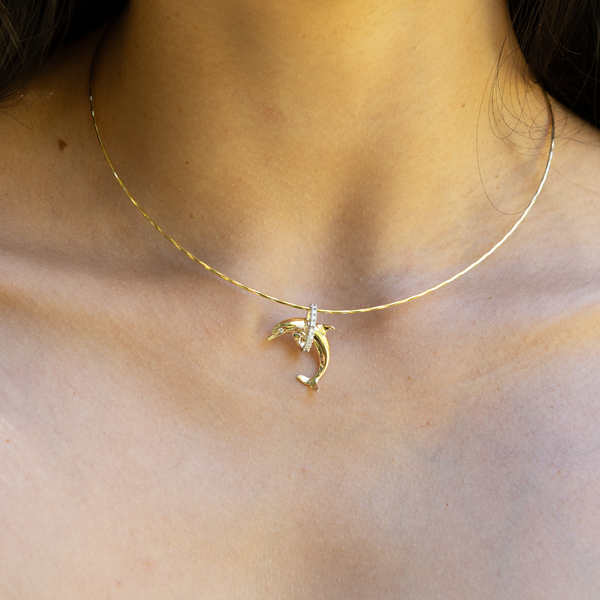 Delphin-Anhänger aus zweifarbigem Gold mit Diamanten – 19 mm