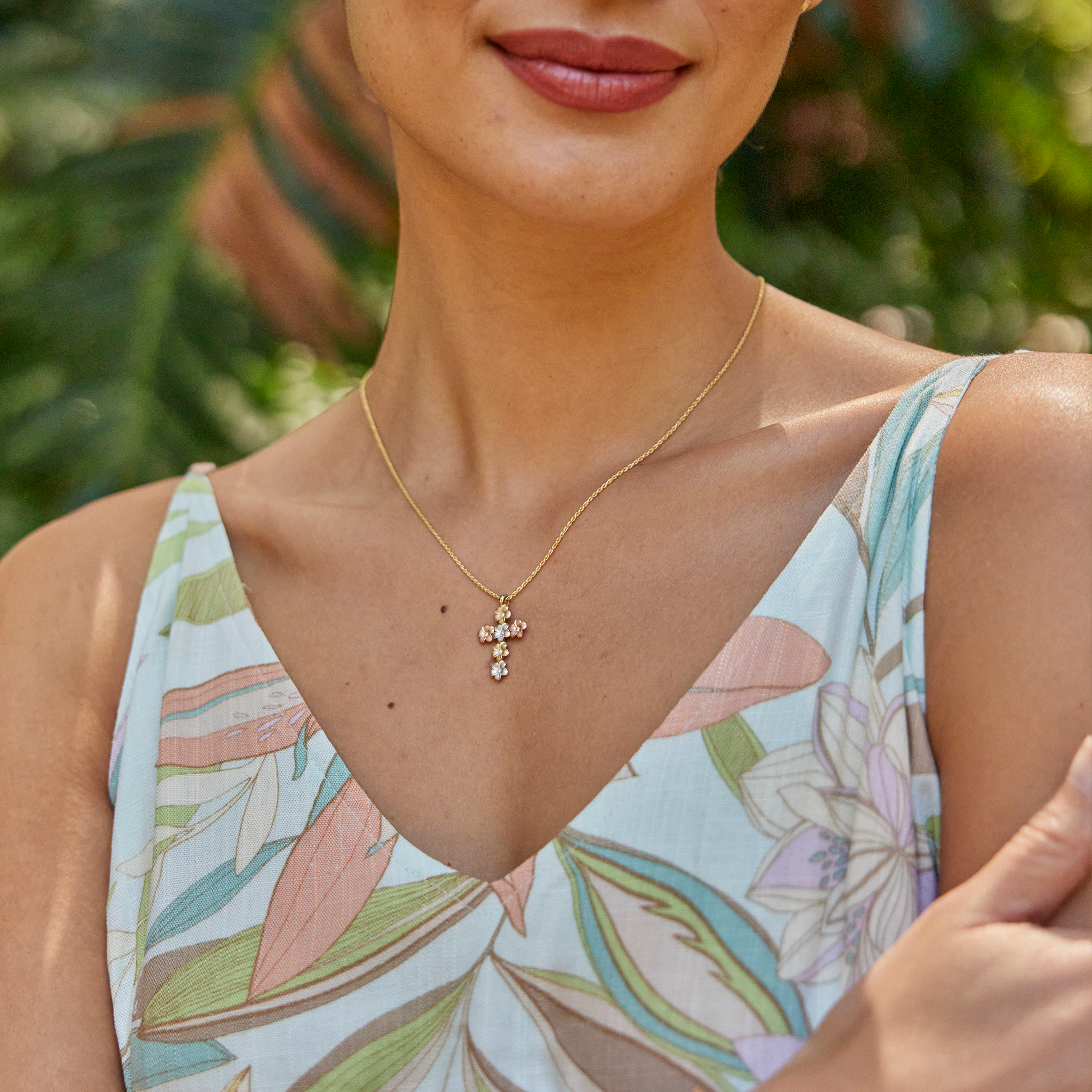 Plumeria Cross Pendant with Diamonds in Tri Color Gold - 25mm