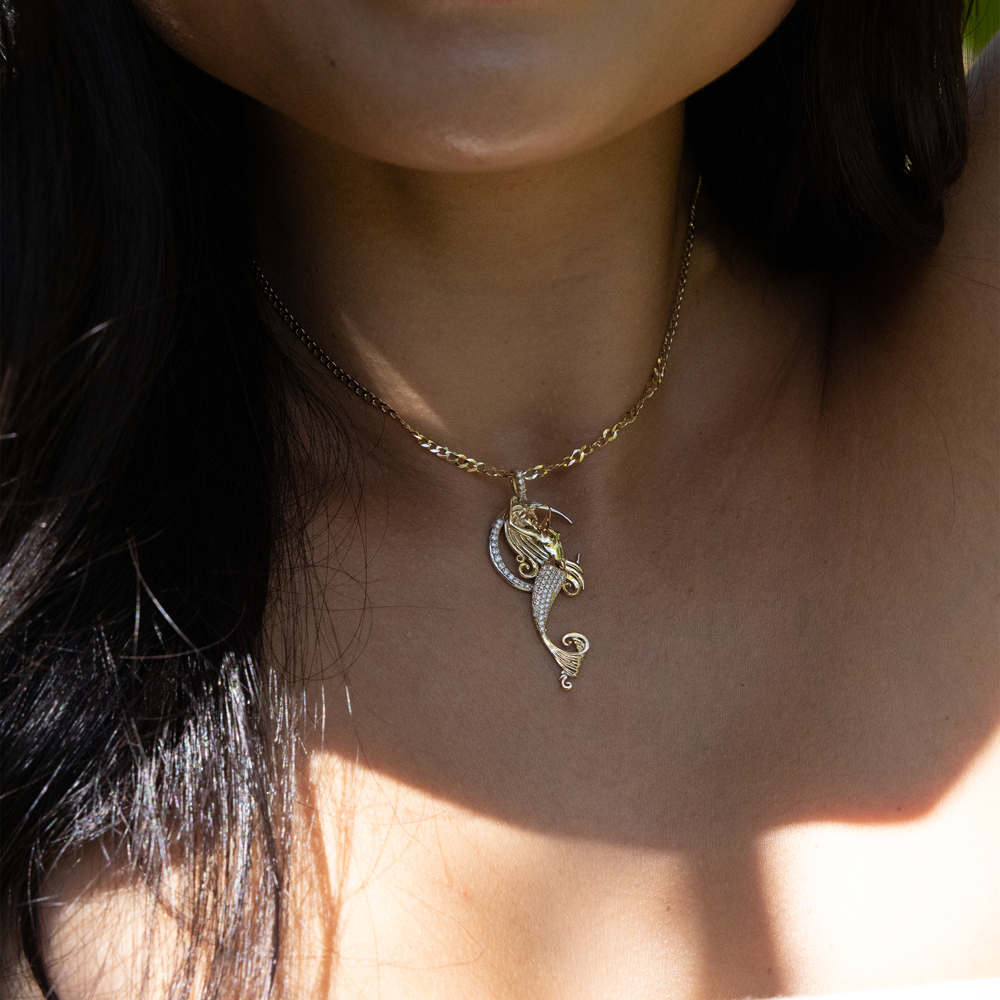 Moon Mermaid Pendant in Two Tone Gold with Diamonds - 42mm