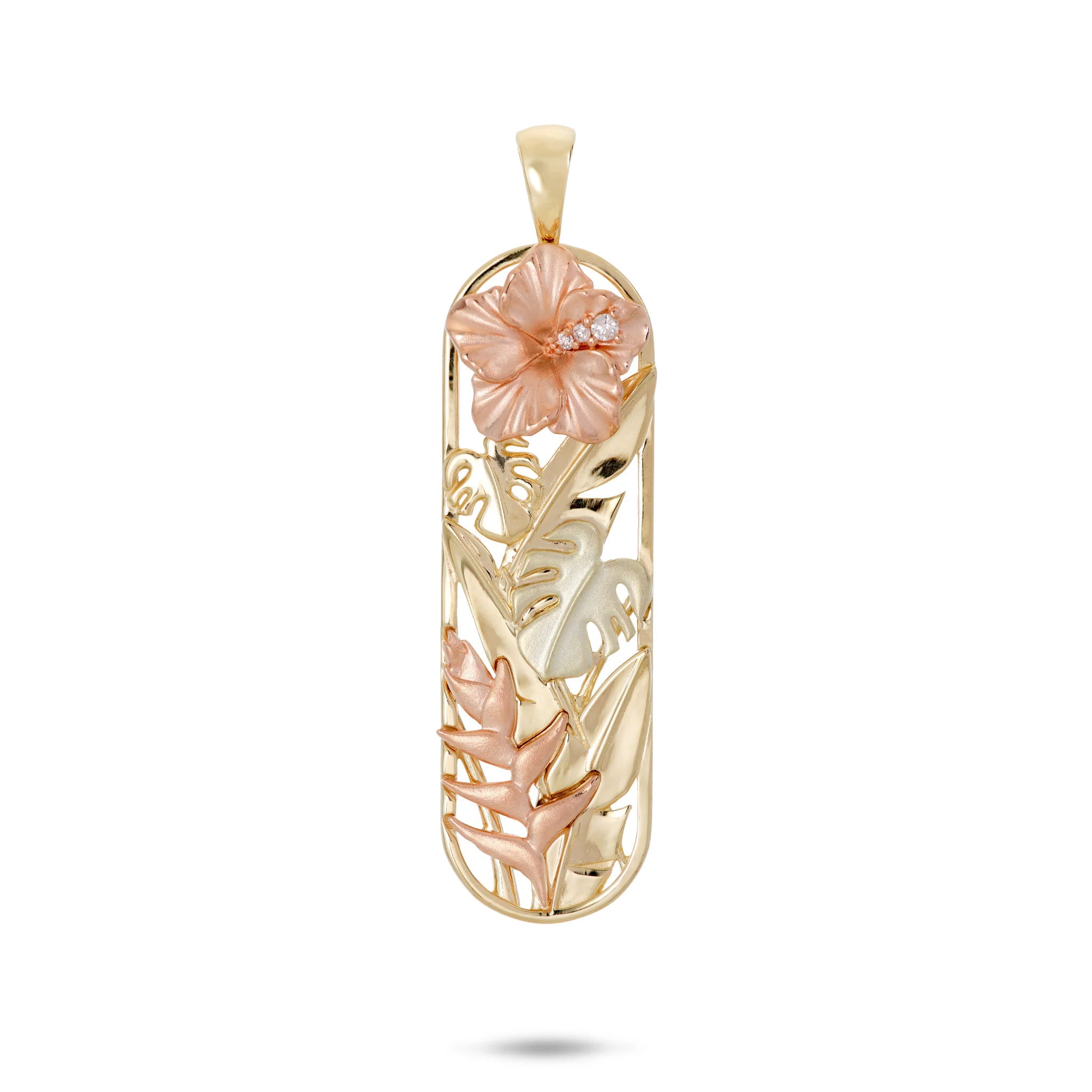 32mm Hawaiian Gardens Pendant with 14k yellow gold round vertical bar design, high-polish banana leaves and monstera, diamond rose gold hibiscus, rose gold heliconia, and green gold monstera on a white background
