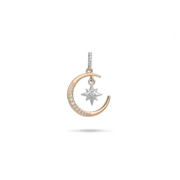 Mond- und Stern-Meerjungfrau-Anhänger in zweifarbigem Gold mit Diamanten – 19,5 mm