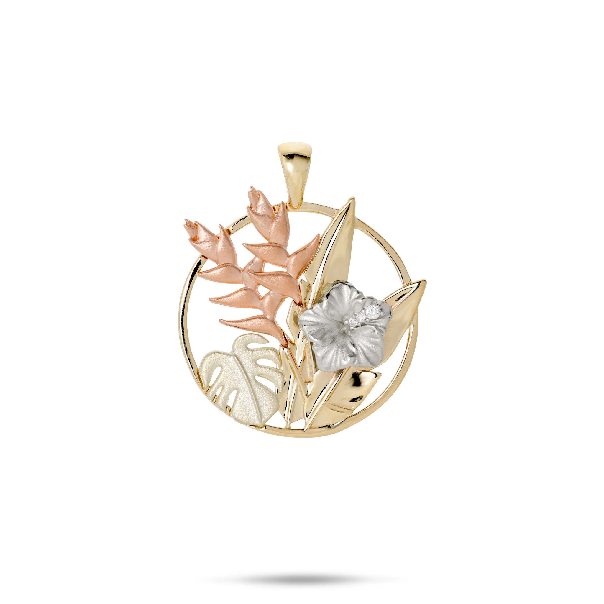 Hawaiian Gardens Pendant with 14k yellow gold round frame, high-polish banana leaves, diamond white gold hibiscus, rose gold heliconia, and green gold monstera on a white background