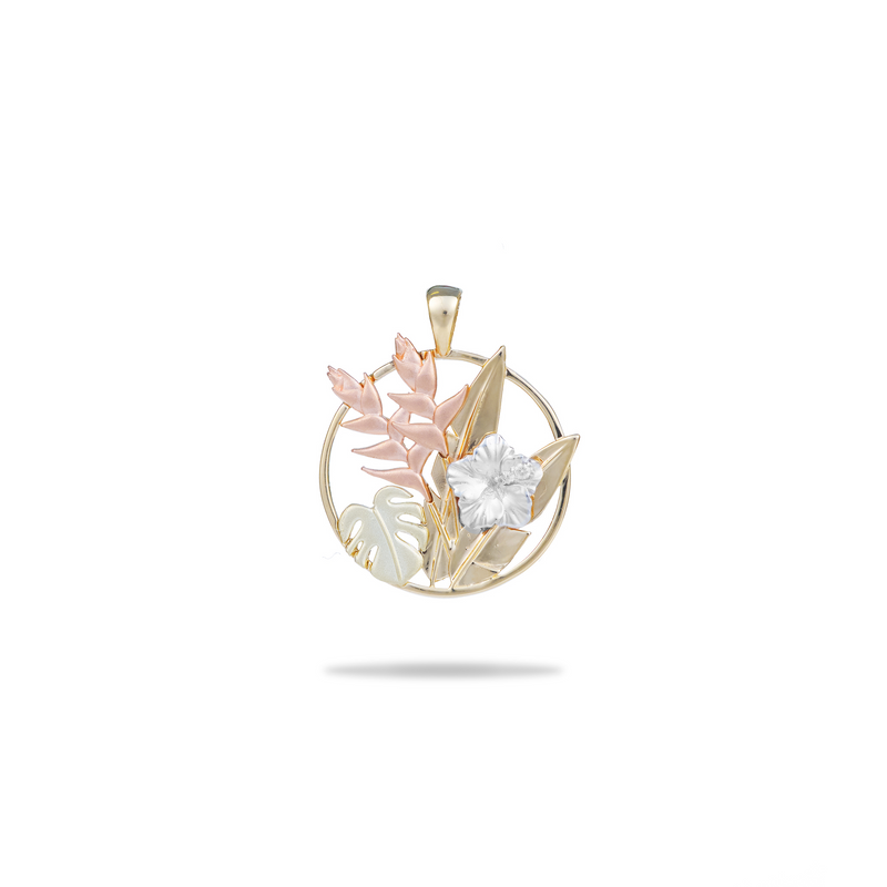 ハワイ・ガーデンズ・ Hibiscus Pendant in Multi Color Gold ( ダイアモンド ) - 20mm