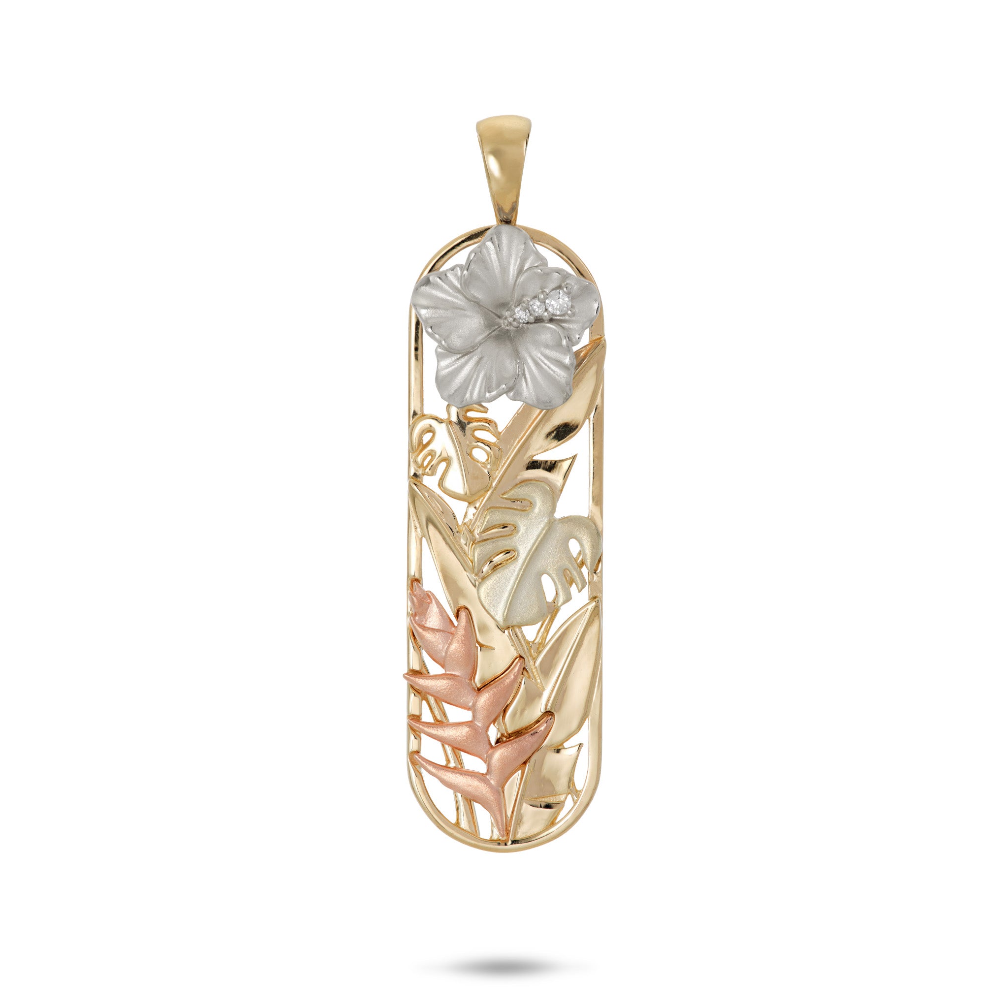 32mm Hibiscus, Monstera, Heliconia Pendant in 14k Yellow, Green, Rose, and White Gold with Diamonds