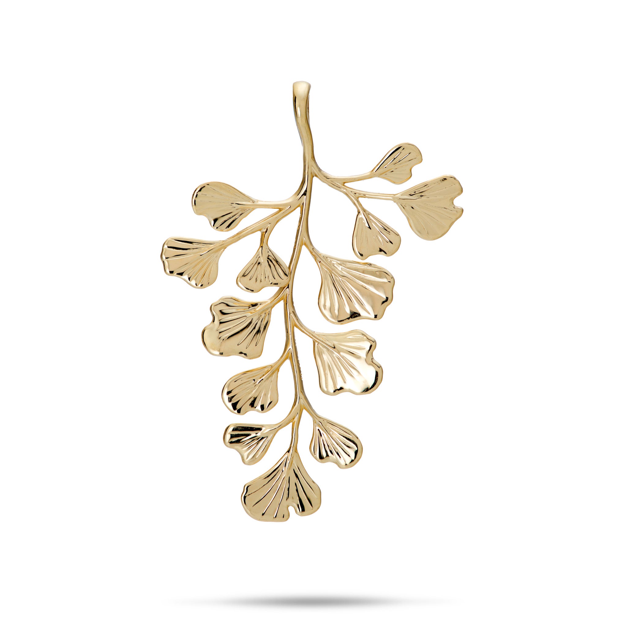 36mm Maiden Hair Fern Pendant in 14k Yellow Gold with a High-polish finish on a White Background