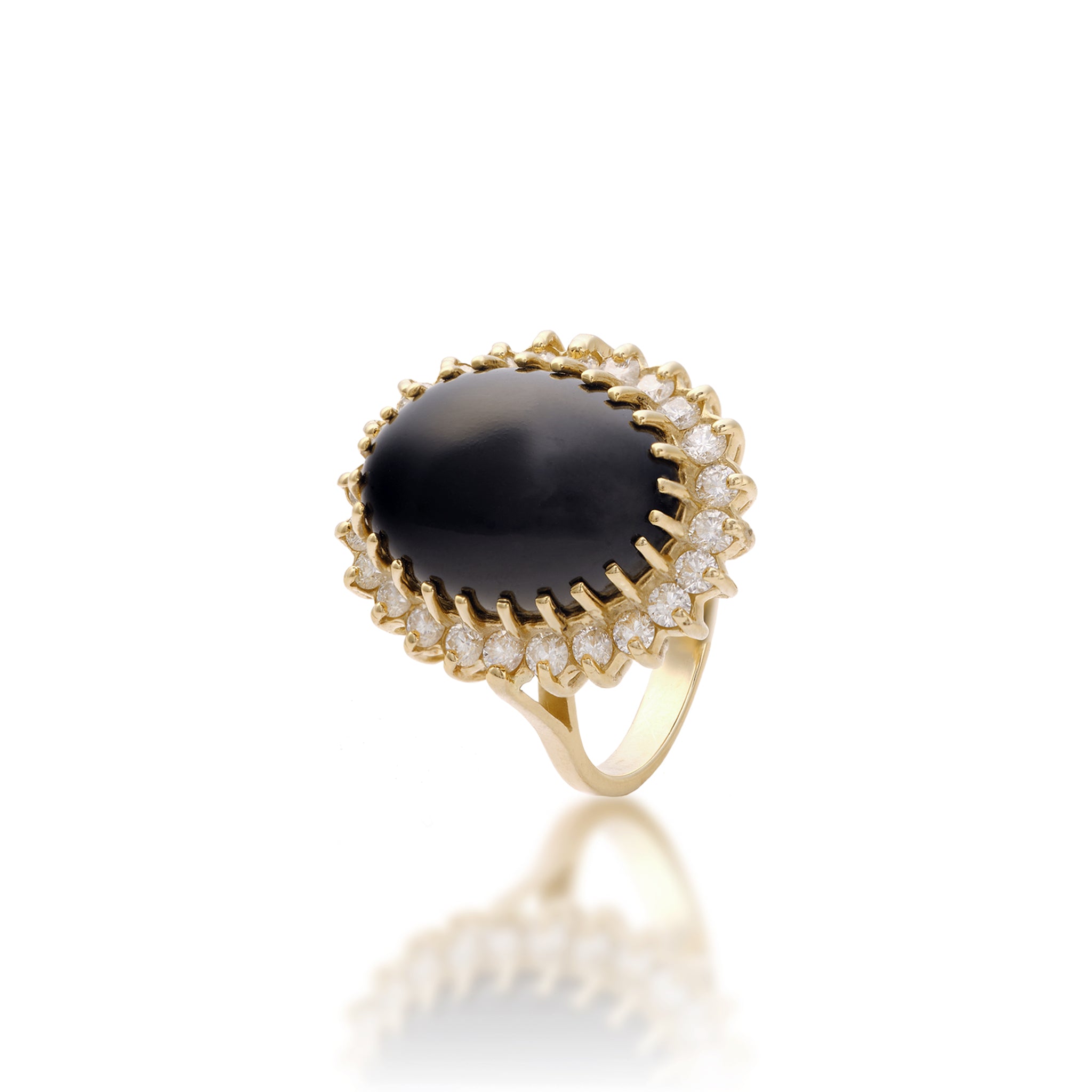 21.5mm Princess Ka‘iulani Hawaiian Black Coral Ring in Gold with Diamonds on white background