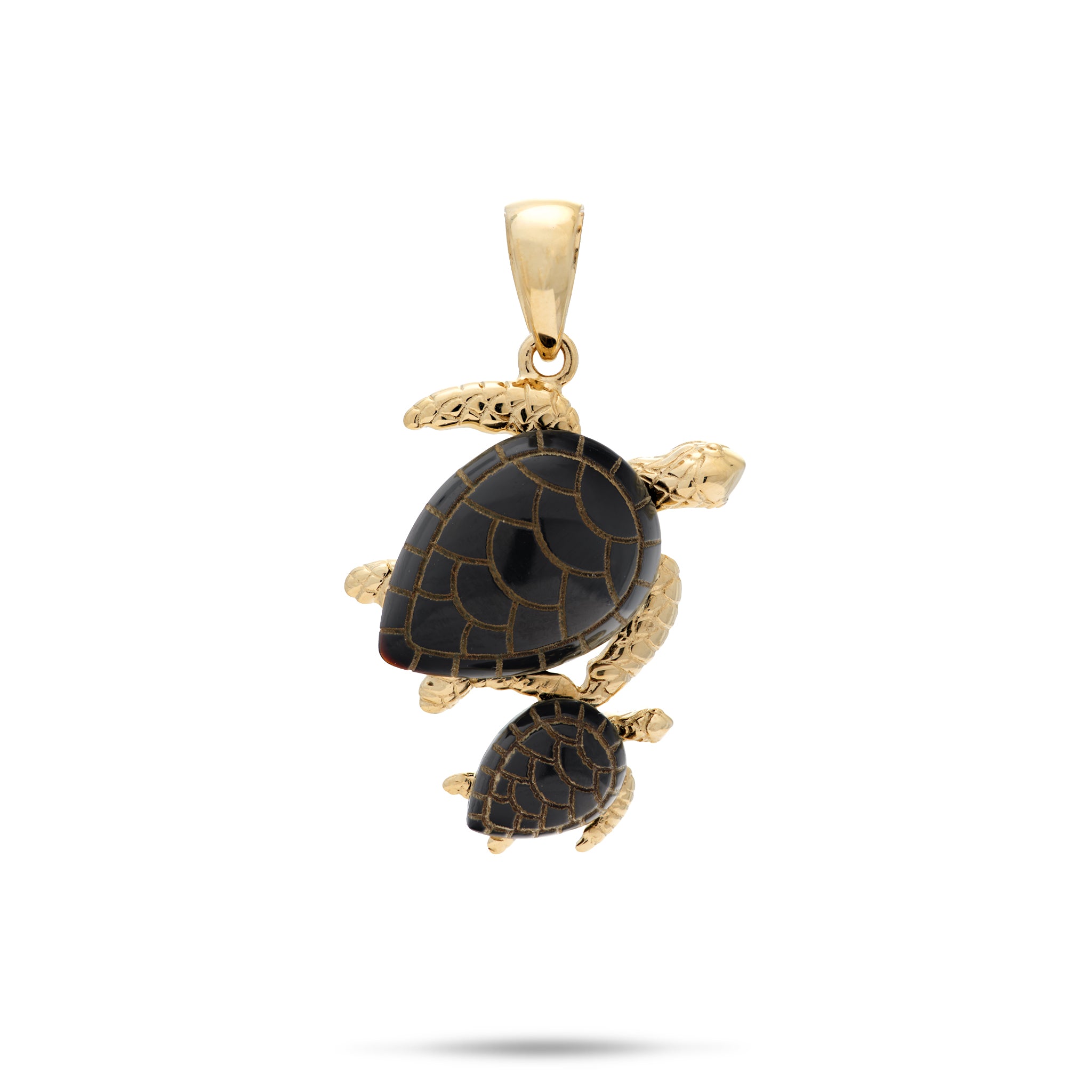 22mm Honu Mom & Baby Black Coral Pendant in 14k Yellow Gold on white background