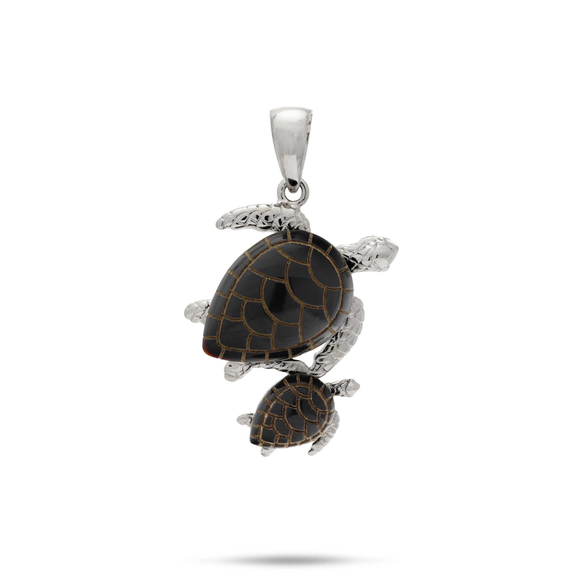 22mm Honu Mom & Baby Black Coral Pendant in White Gold on white background