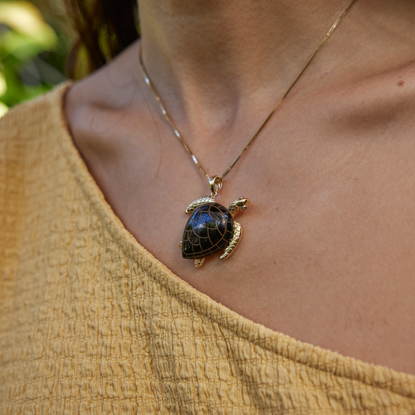 Honu Black Coral Turtle Pendant in Gold with Diamond - 36mm