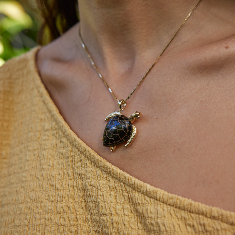 Honu Black Coral Turtle Pendant in Gold with Diamond - 36mm