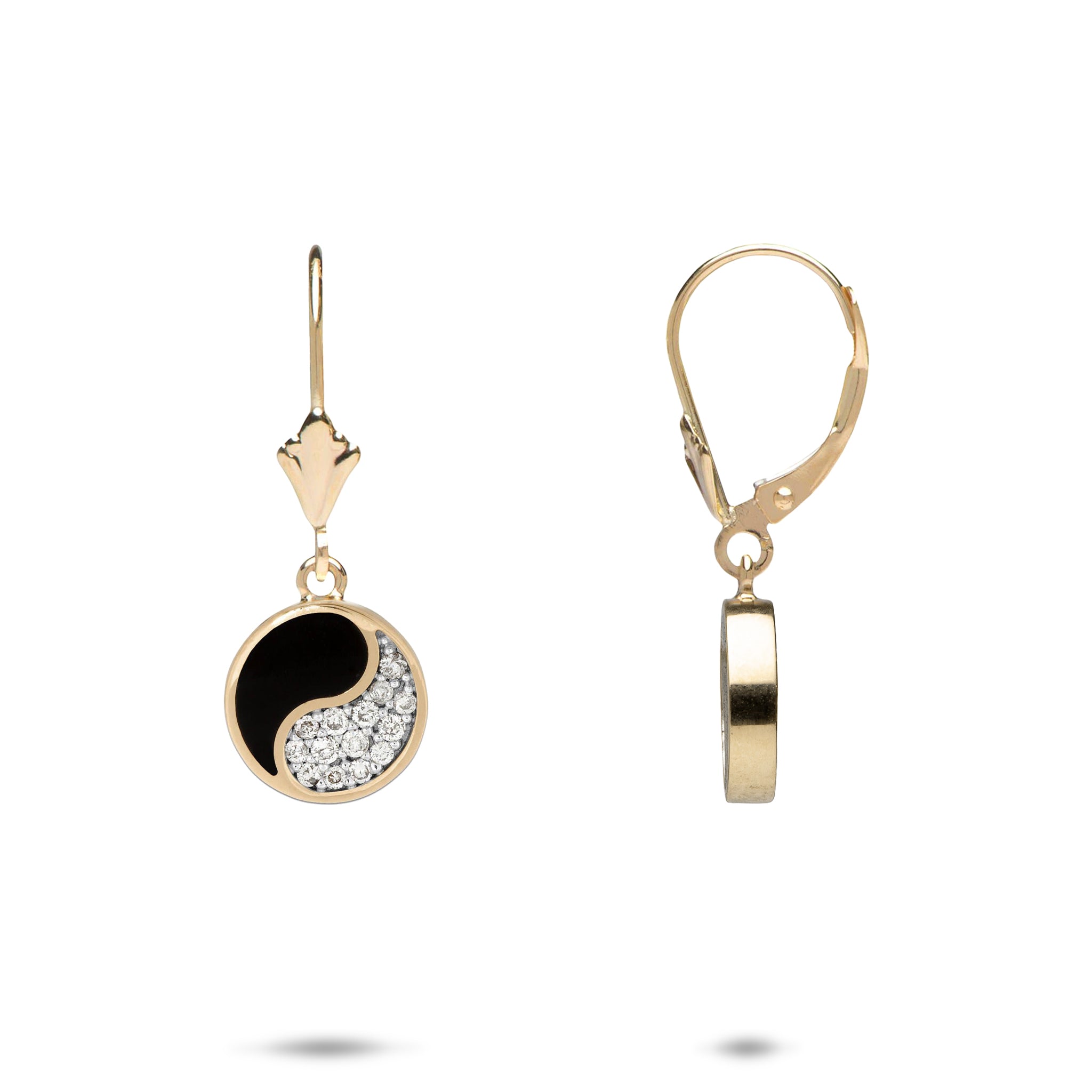 ダイヤモンドと金の陰陽の黒いコーラルイヤリング -  10mm