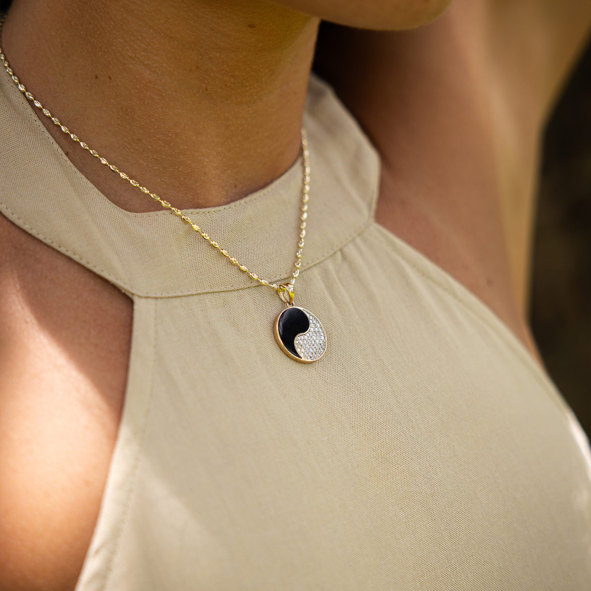 Yin Yang Black Coral Pendant in Gold with Diamonds - 19mm
