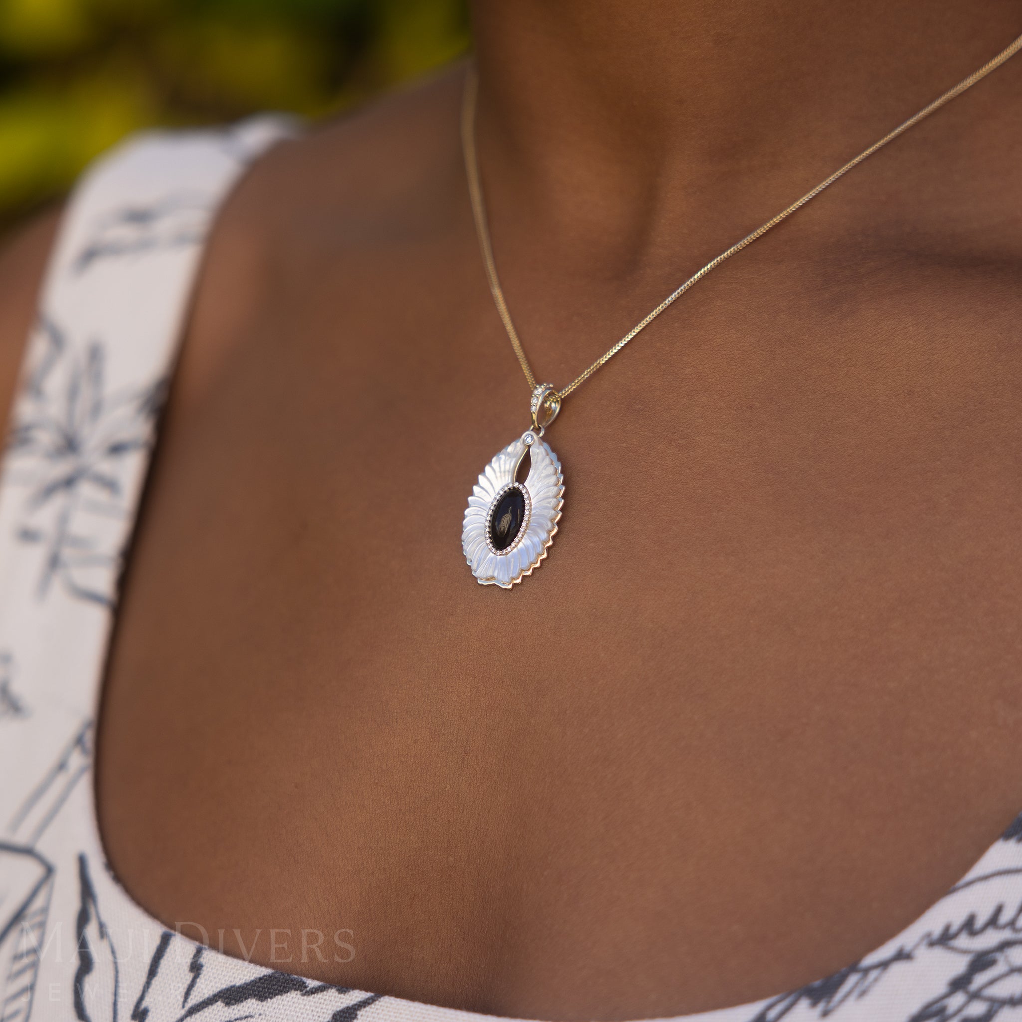 Pueo (Owl) Black Coral and Mother of Pearl Pendant in Gold with Diamonds - 28mm