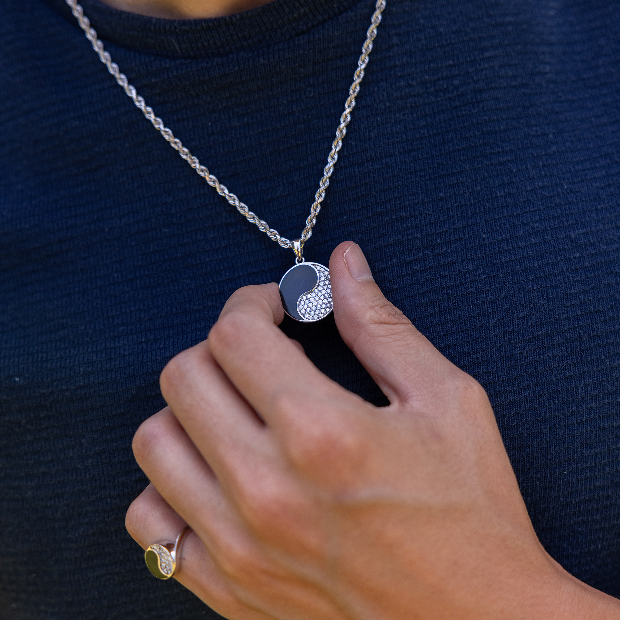 Yin Yang Black Coral Pendant in White Gold with Diamonds - 19mm