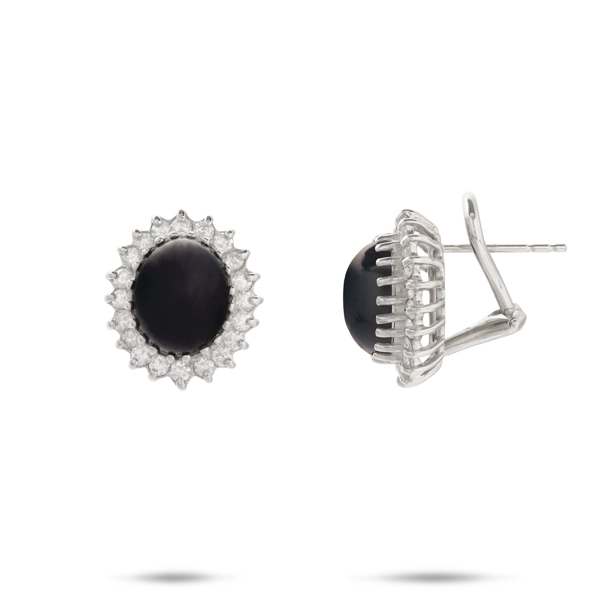 15.5mm Princess Ka‘iulani Black Coral Earrings in White Gold with Diamonds on white background