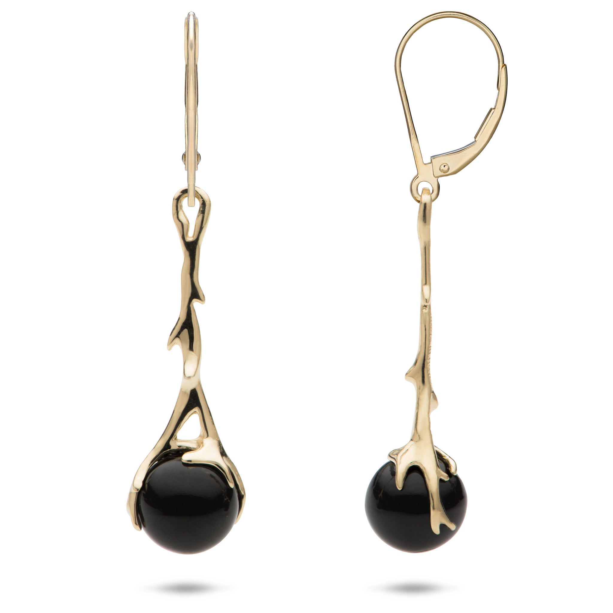 30mm Heritage Black Coral Leverback Earrings in 14k Yellow Gold on a white background