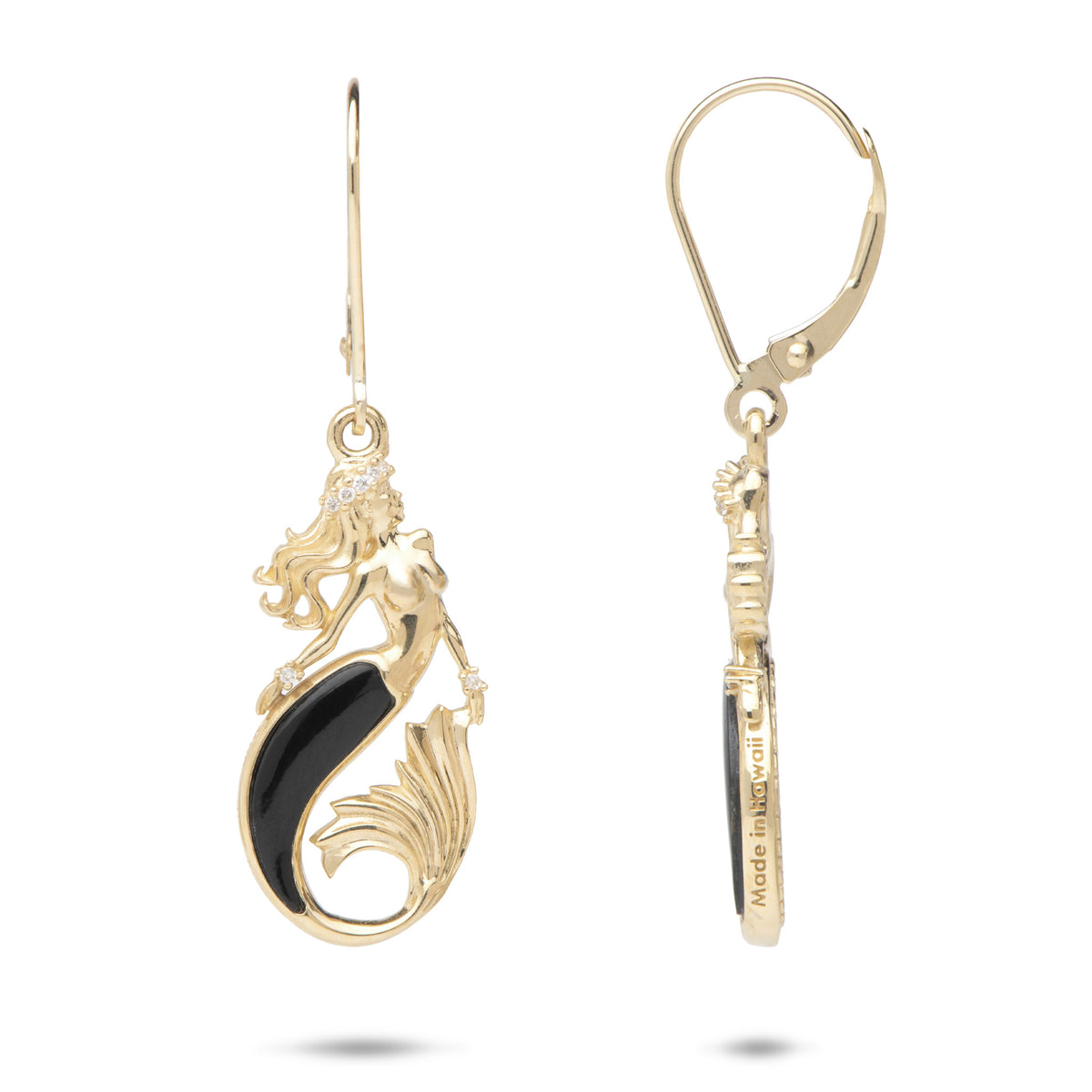 A pair of 14k yellow gold leverback mermaid earrings with Hawaiian black coral inlay, diamond accents on her head and wrists, shown on a white background with a front and side profile view