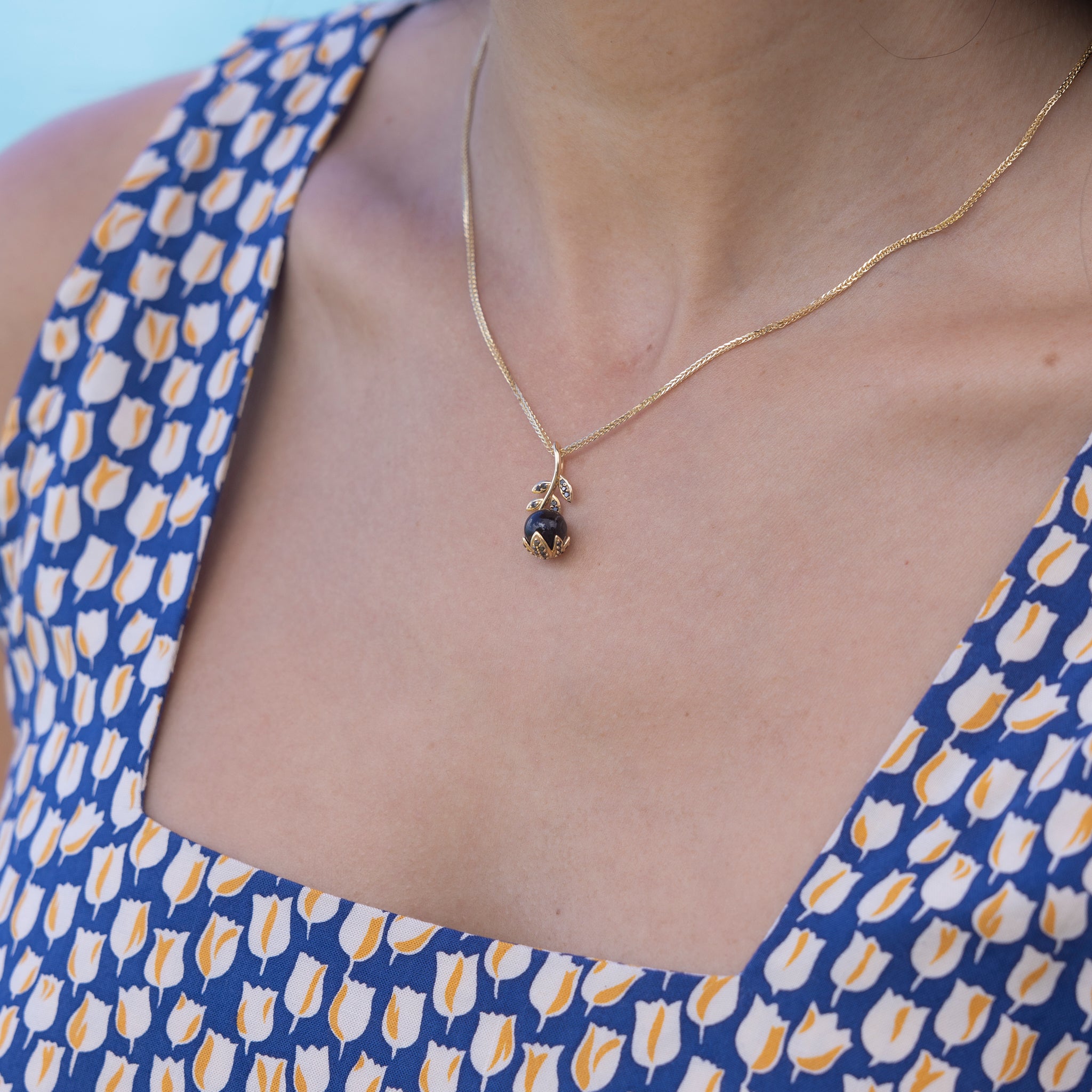Night Blossom Black Coral Pendant in Gold with Black Diamonds