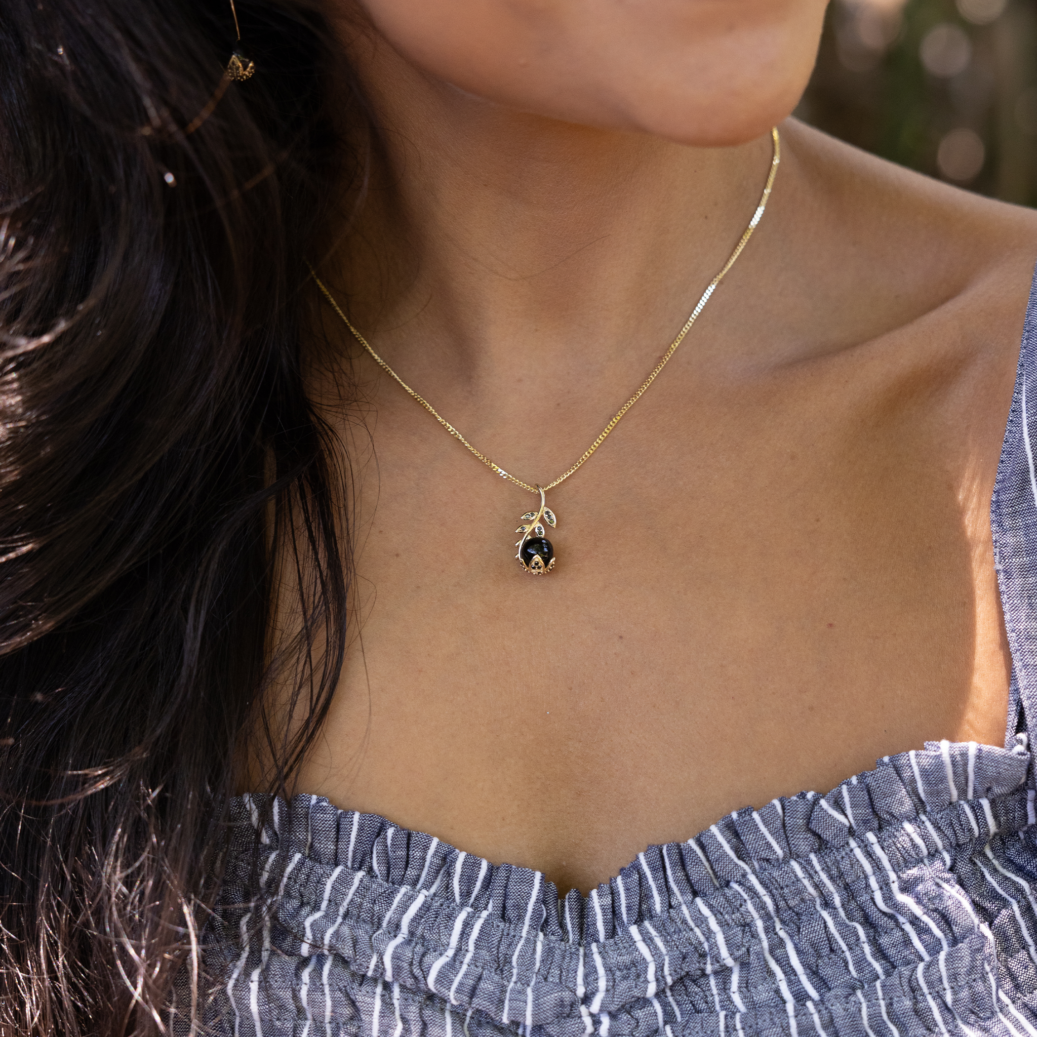 Night Blossom Black Coral Pendant in Gold with Black Diamonds
