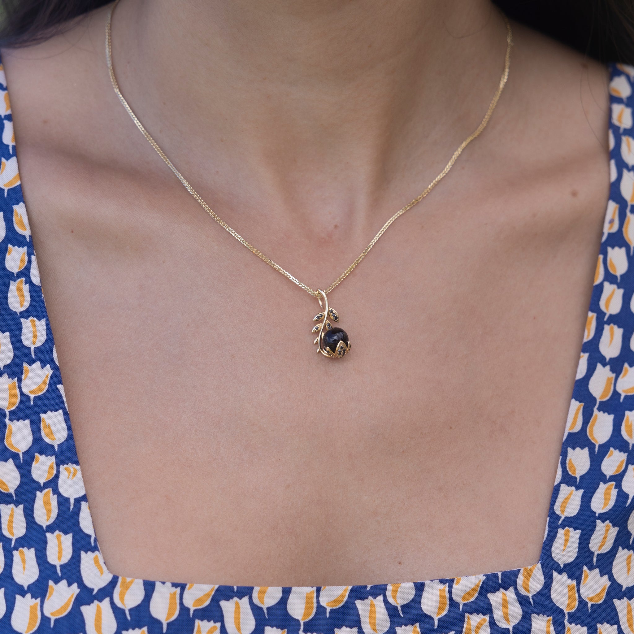 Night Blossom Black Coral Pendant in Gold with Black Diamonds