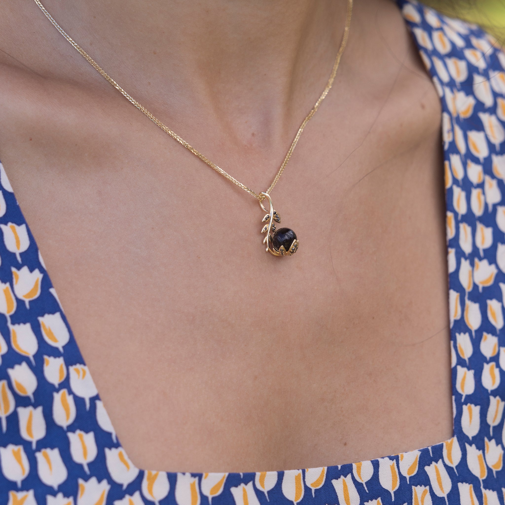 Night Blossom Black Coral Pendant in Gold with Black Diamonds