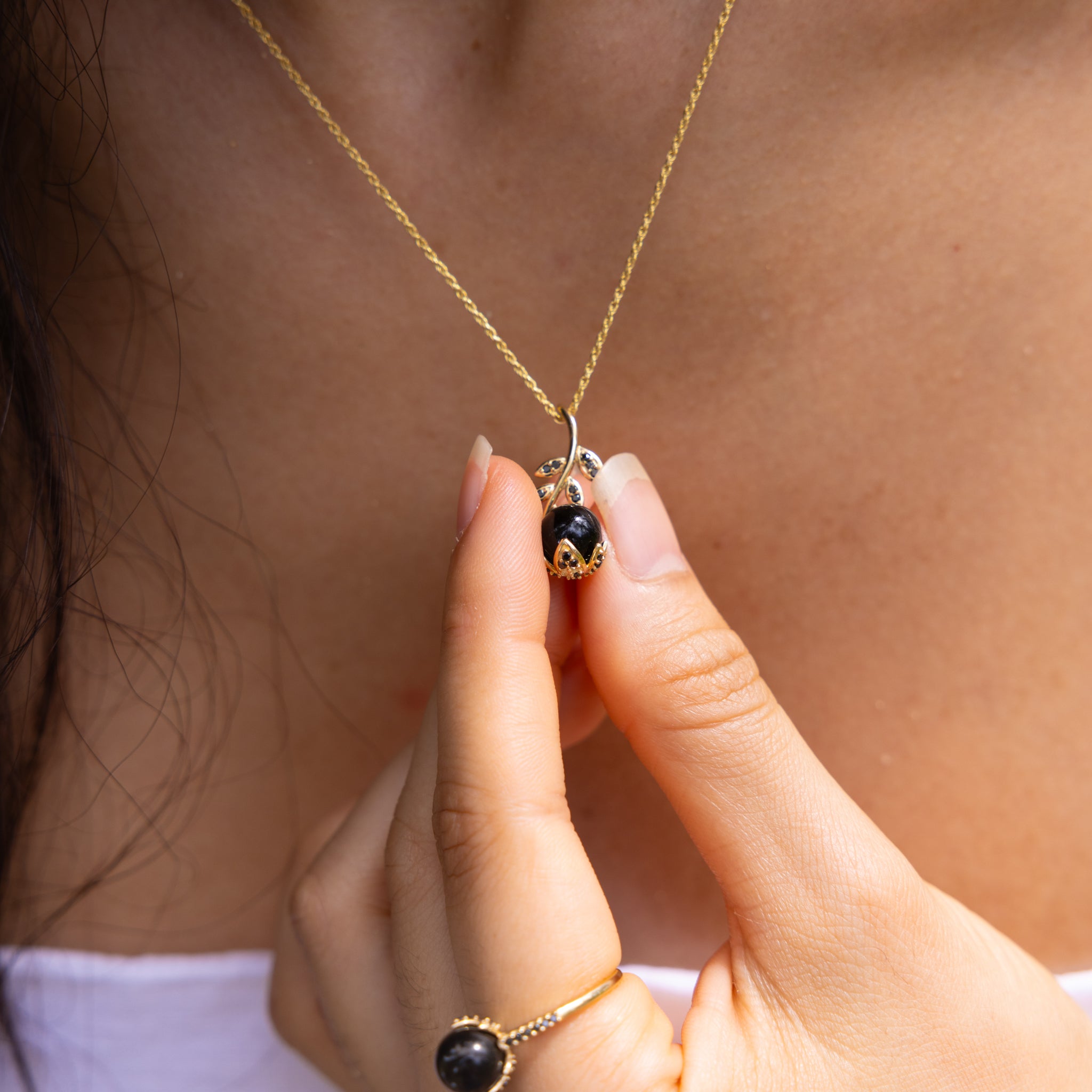 Night Blossom Black Coral Pendant in Gold with Black Diamonds