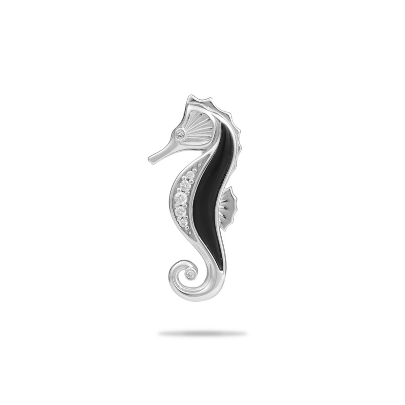 Sealife Seahorse Black Coral Pendant in White Gold with Diamonds - 27mm