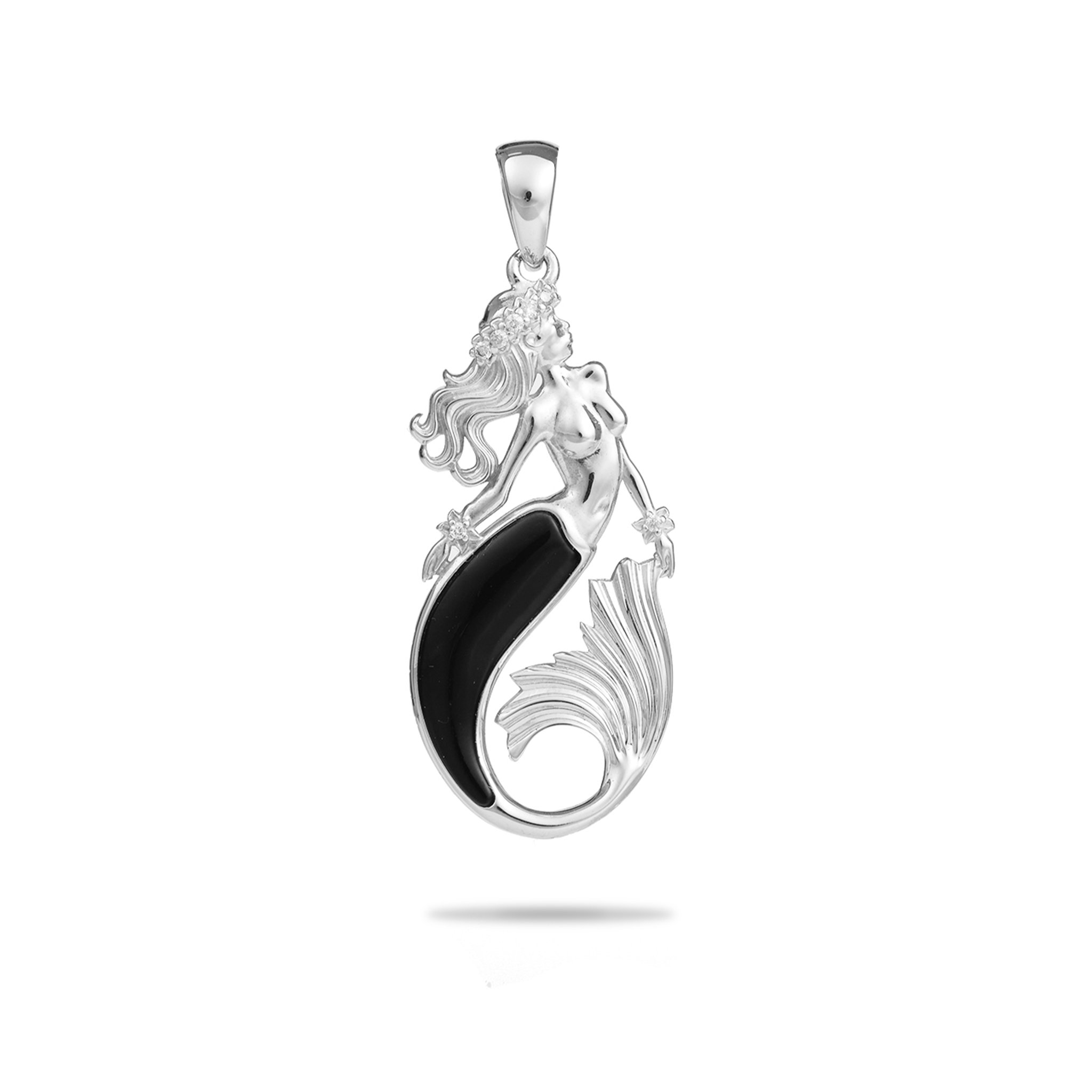Sealife Mermaid Black Coral Pendant in White Gold with Diamonds - 30mm - Maui Divers Jewelry