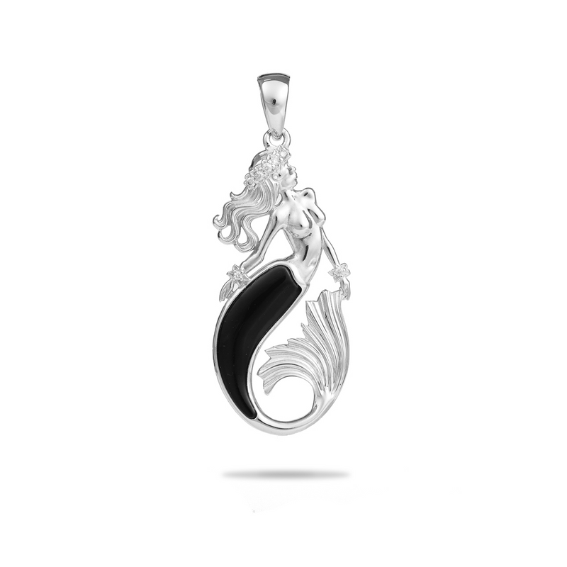 Sealife Mermaid Black Coral Pendant in White Gold with Diamonds - 30mm - Maui Divers Jewelry