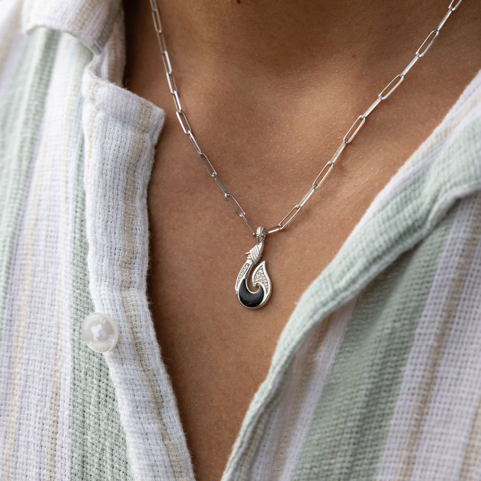 Sealife Fish Hook Black Coral Pendant in White Gold with Diamonds - 27mm