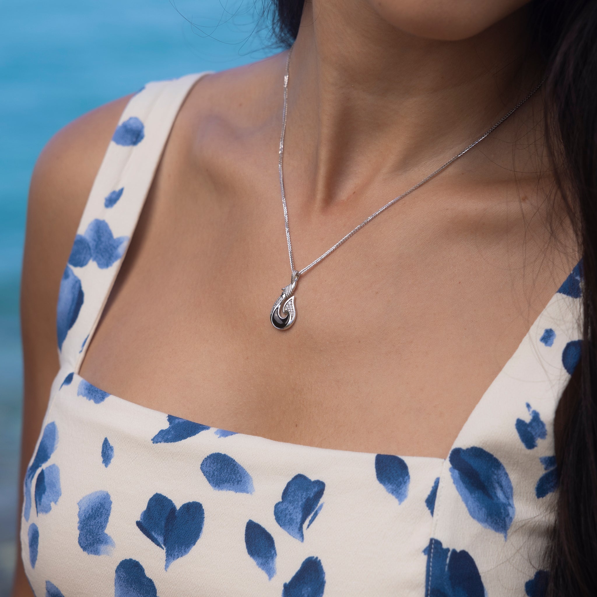 Sealife Fish Hook Black Coral Pendant in White Gold with Diamonds - 27mm