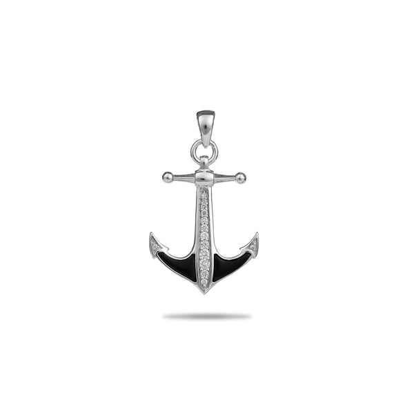 Sealife Anchor Black Coral Pendant in White Gold with Diamonds - 28mm - Maui Divers Jewelry
