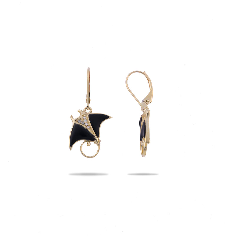 Sealife Manta Ray Black Coral Earrings in Gold with Diamonds - 20mm