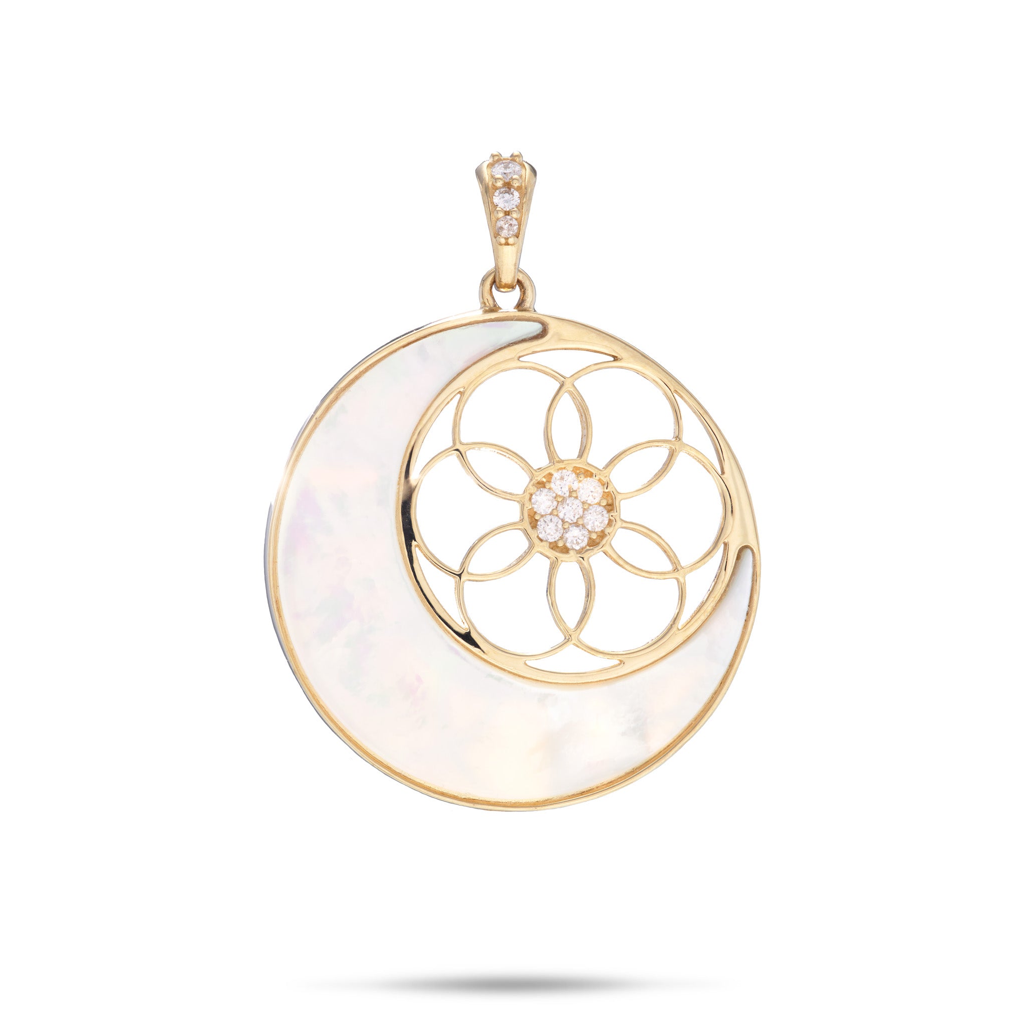 Moon & Protea Star Mother of Pearl Pendant in Gold with Diamonds - 25mm
