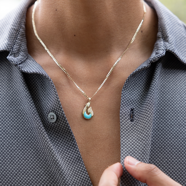 Sealife Fish Hook Turquoise Pendant in Gold with Diamonds - 27mm