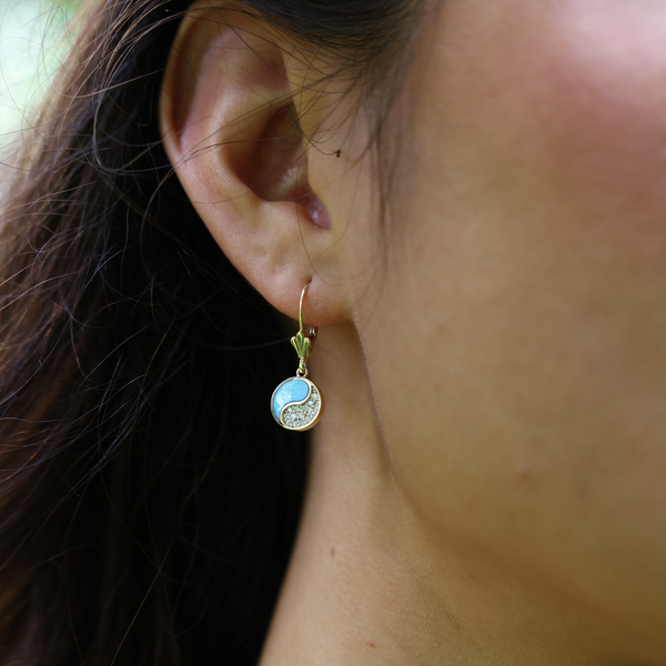 Yin Yang Turquoise Earrings in Gold with Diamonds - 10mm