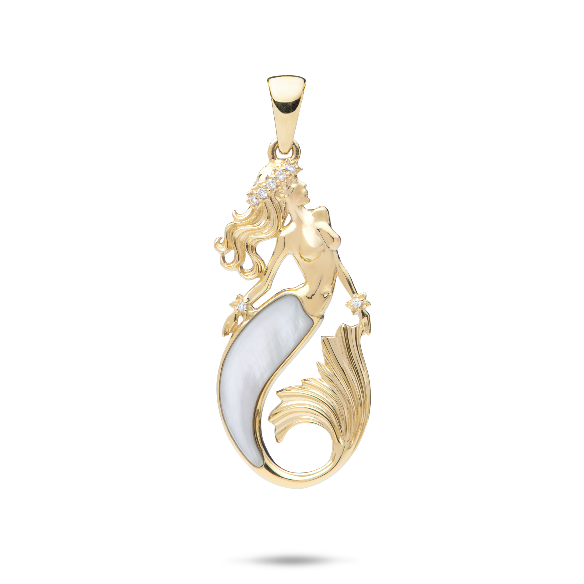 Sealife Mermaid Perlmutt-Anhänger in Gold mit Diamanten – 30 mm