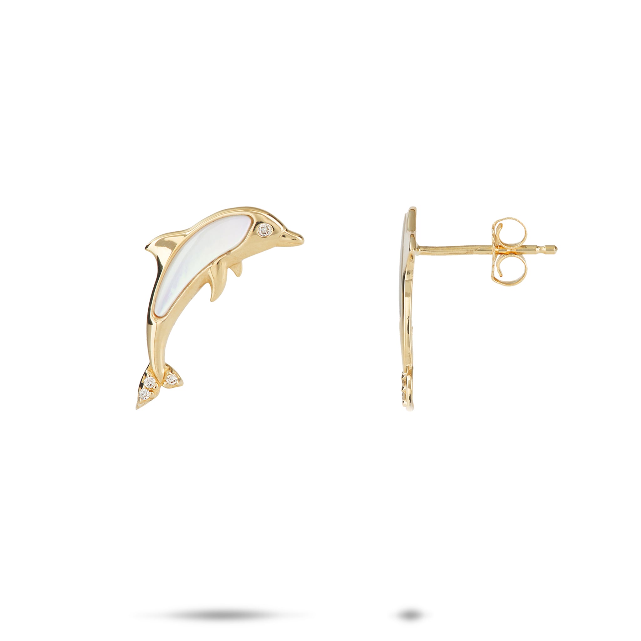 Sealife Dolphin Mother of Pearl Earrings in Gold with Diamonds on white background