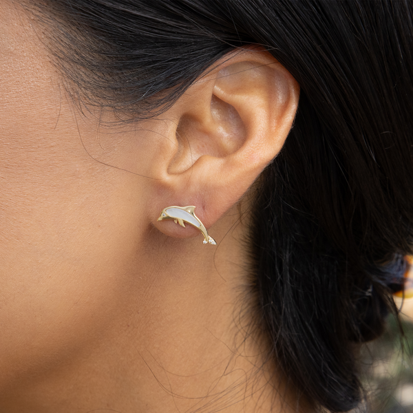 Sealife Dolphin Mother of Pearl Earrings in Gold with Diamonds
