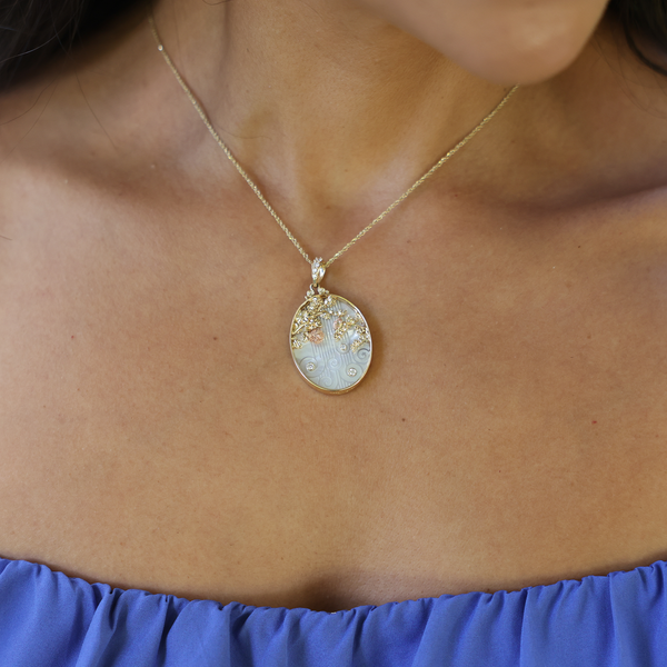 Ohia Lehua Waterfall Mother of Pearl Pendant in Two Tone Gold with Diamonds