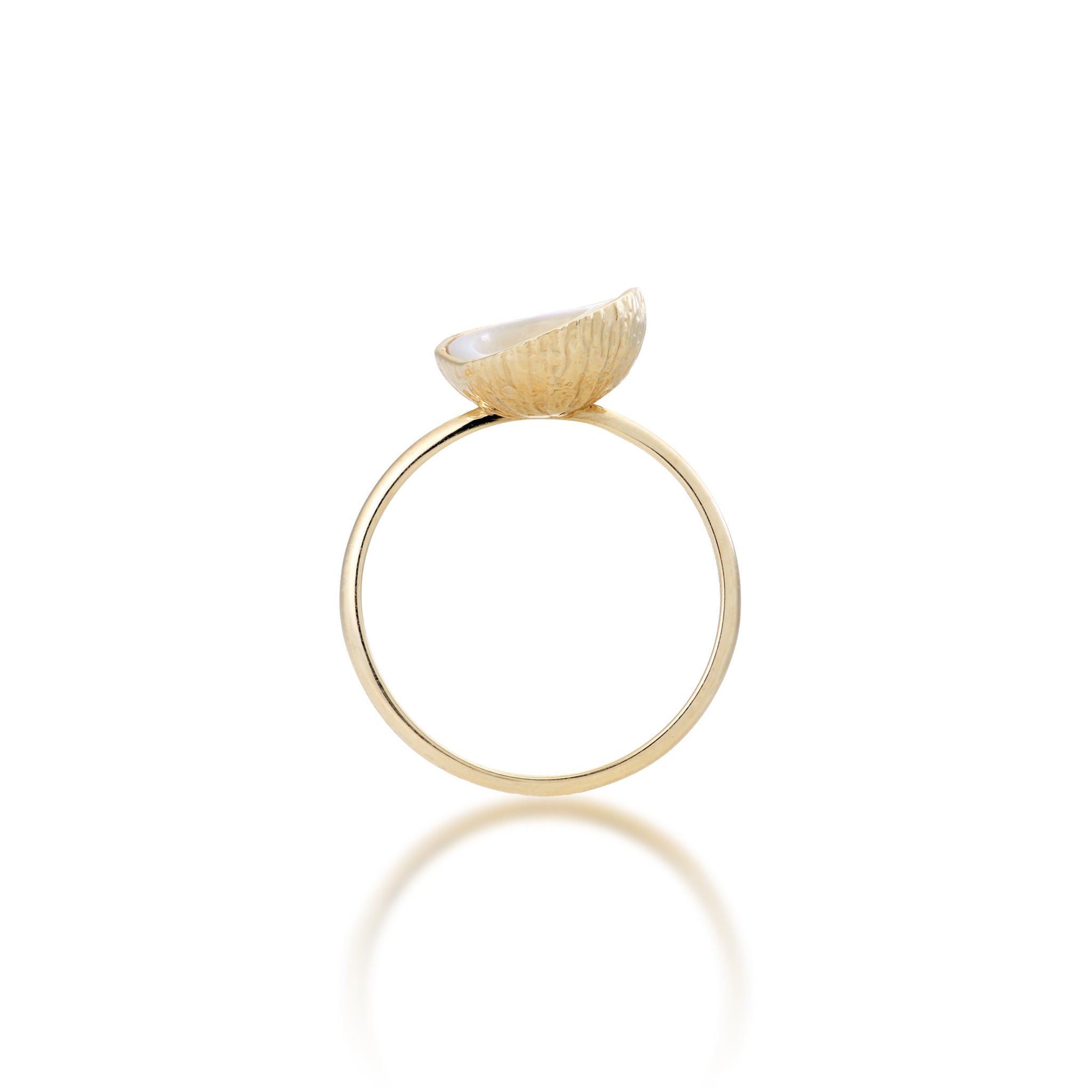 Side view of the 10mm Coconut Ring with Mother of Pearl Inlay in 14k Yellow Gold on a White Background