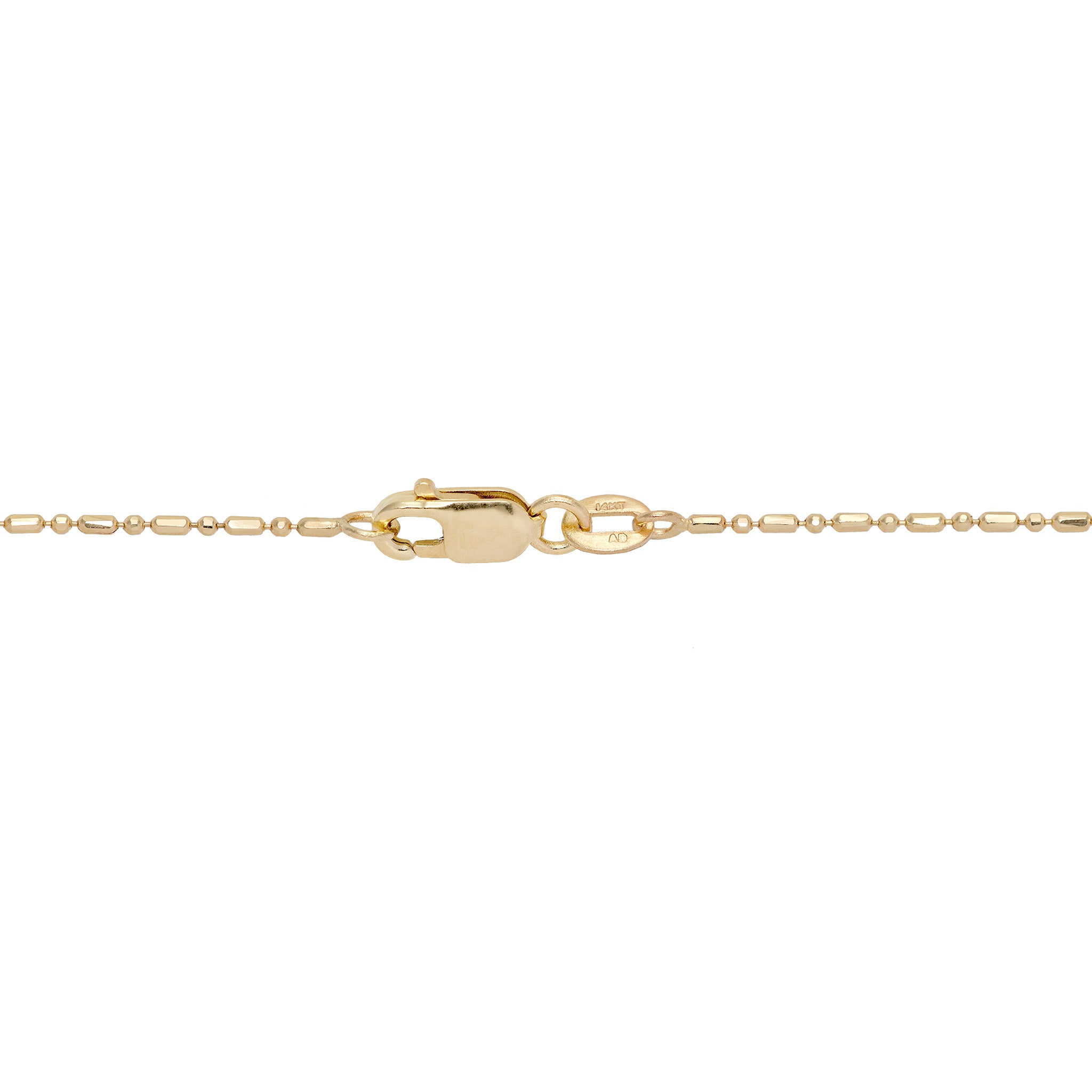 1.0mm Bar Ball Chain in 14k Yellow Gold with Lobster Claw Clasp on white background