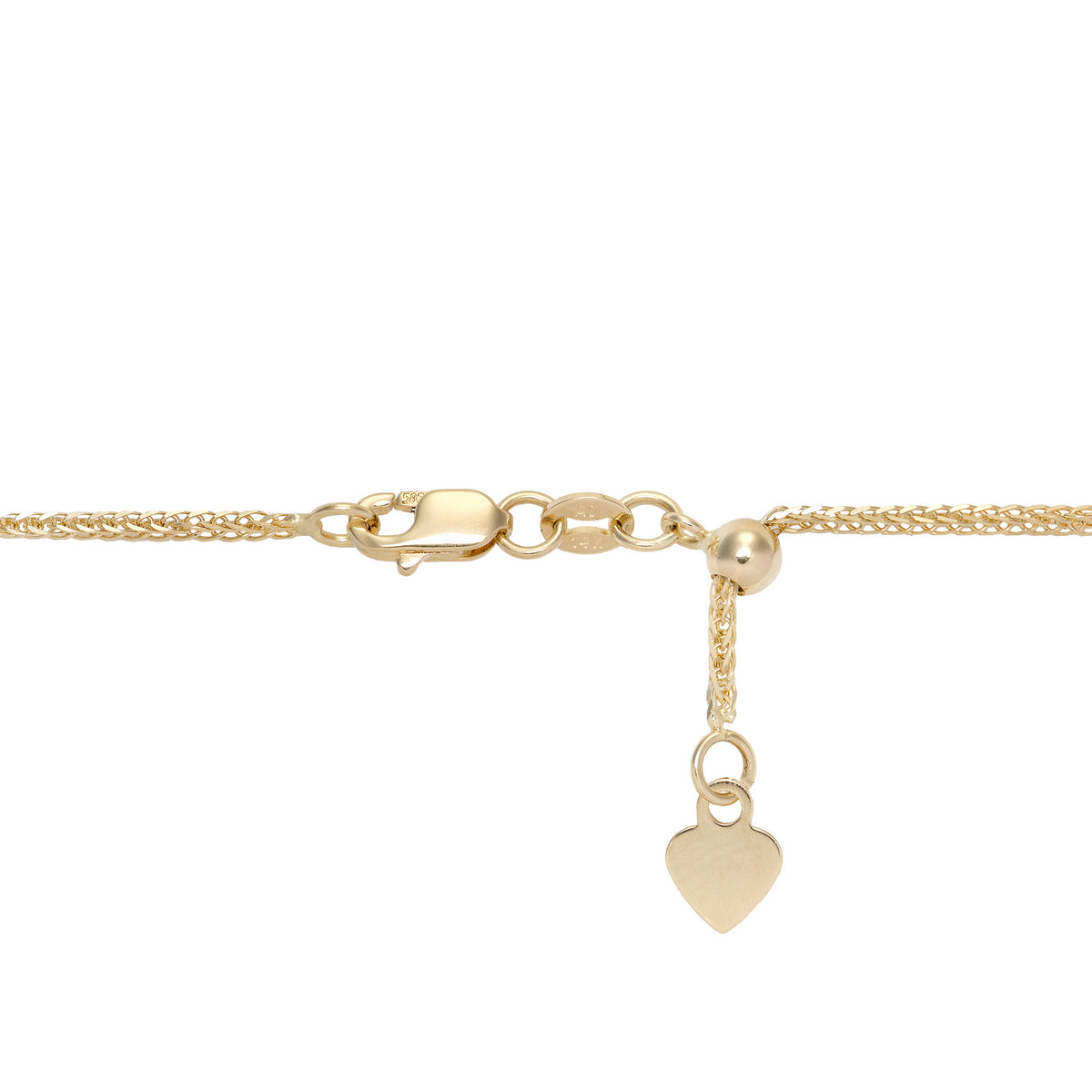 Detail shot of a 14k yellow gold 1.4mm Espiga Chain with Lobster Claw Clasp and Adjustable Ball on white background