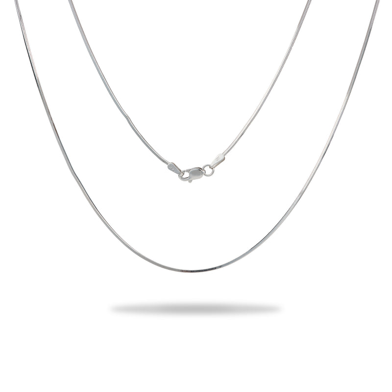 A 1.2mm Snake Chain in White Gold with a clasp on a white background from Maui Divers Jewelry.	