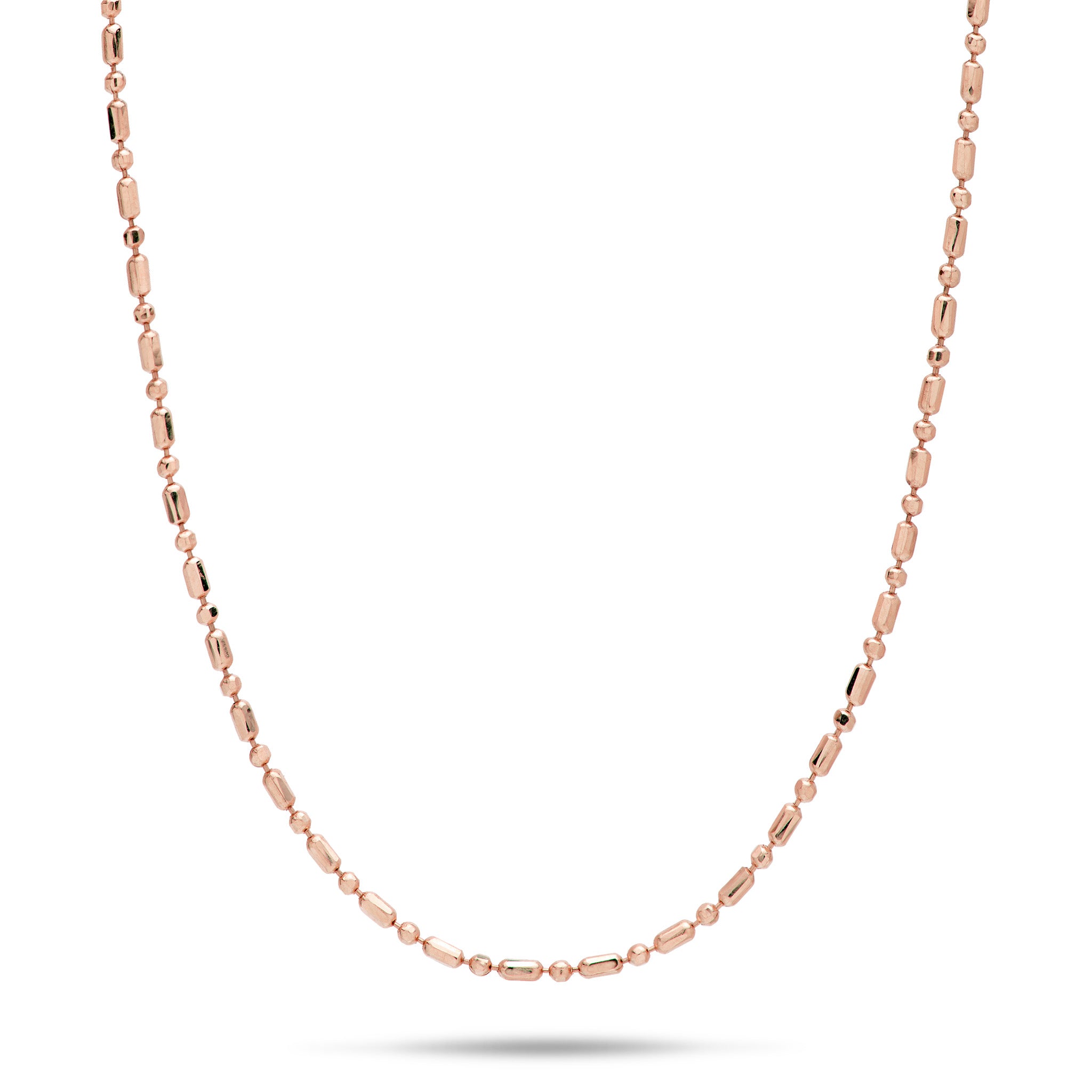 1.0mm Ball Bar Chain in 14k Rose Gold on a white background