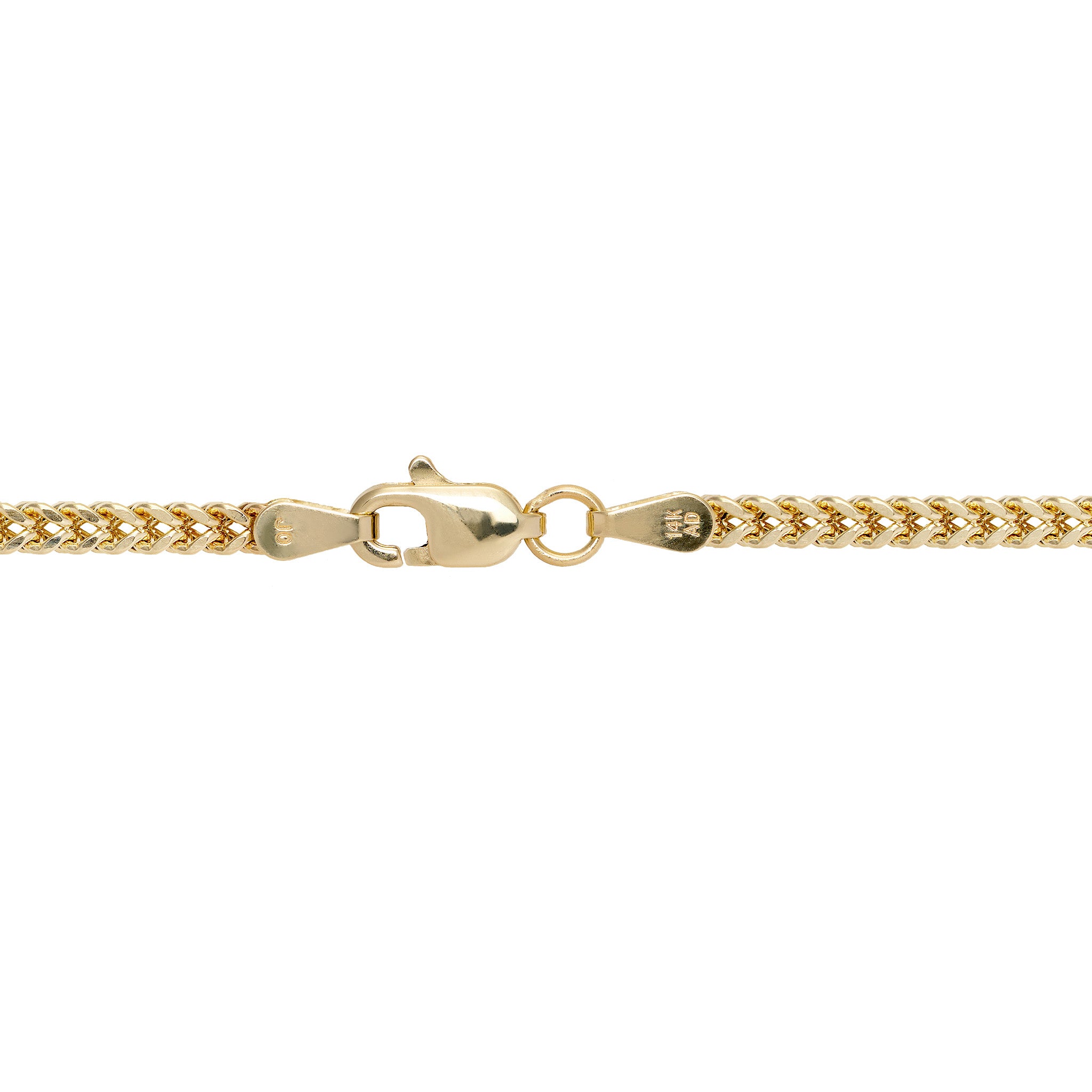 2.5mm Hollow Franco Chain in 14k Yellow Gold with Lobster Claw Clasp on a white background