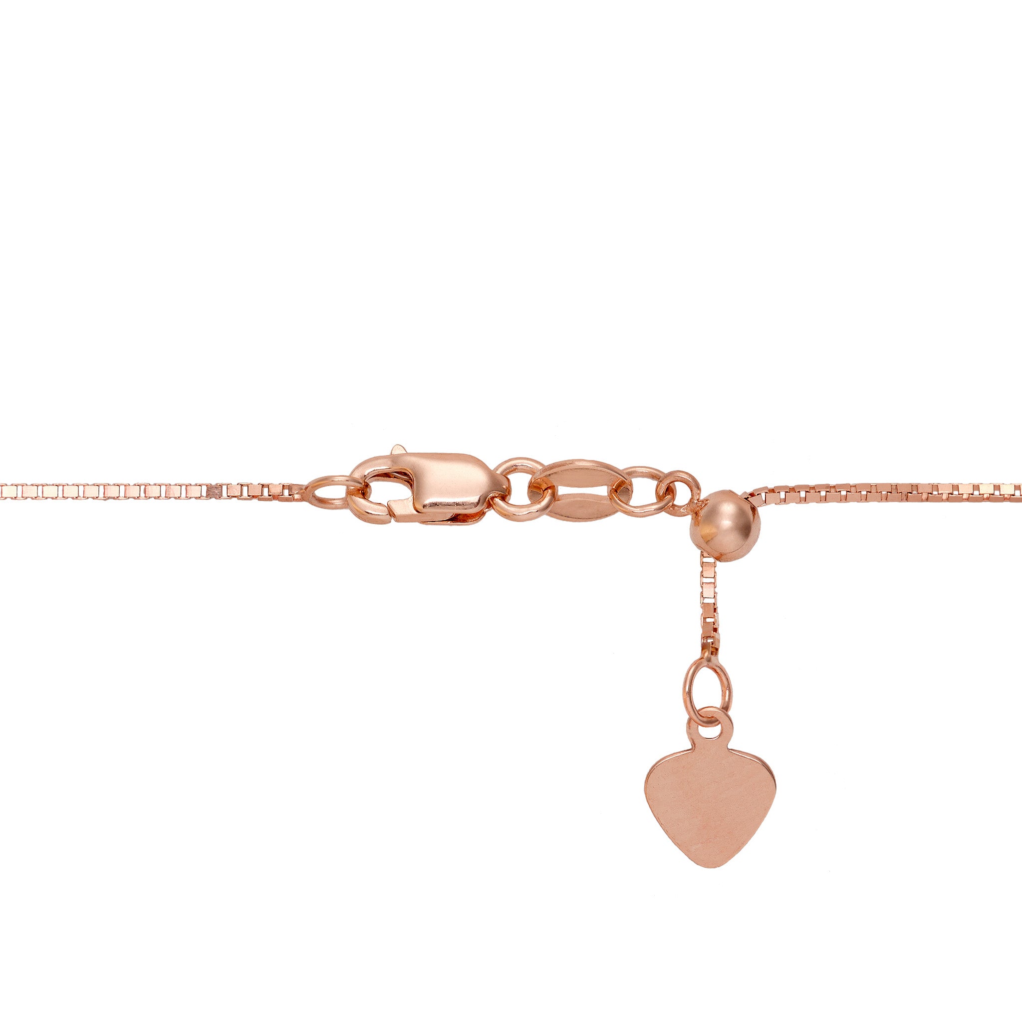 0.7mm Box Chain in 14k Rose Gold with lobster claw clasp and adjustable ball mechanism on a white background
